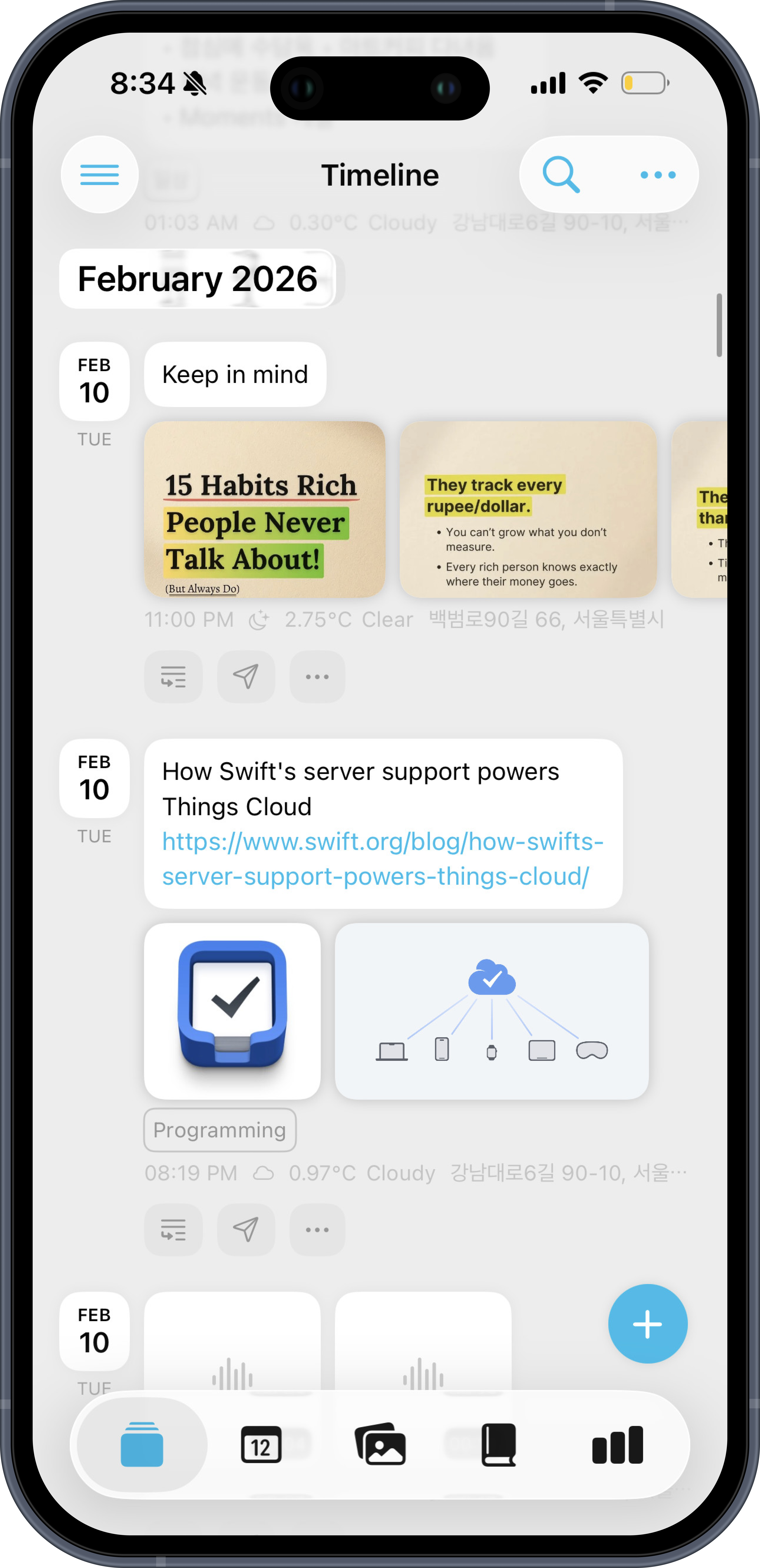 Moments app interface showing timeline view